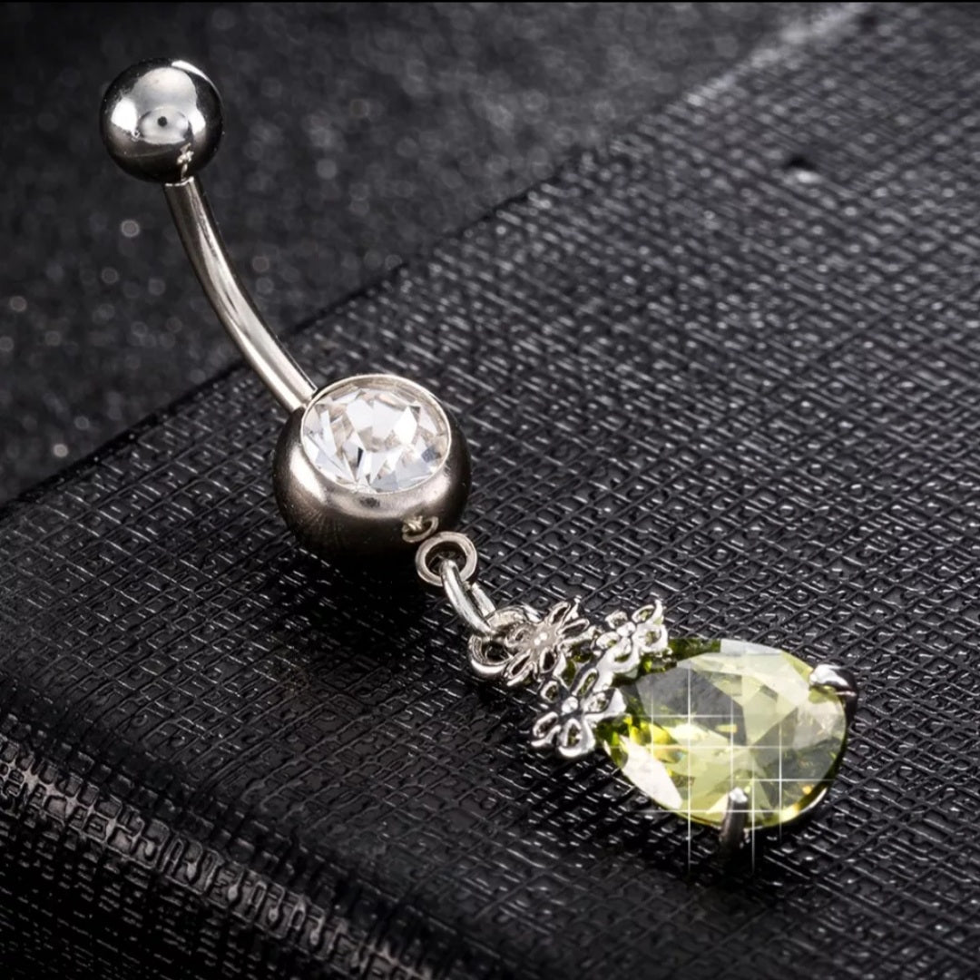 Silver Crystal Tear Drop Navel Ring