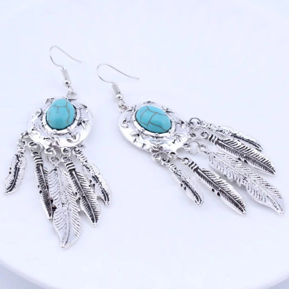 Bohemian Silver Natural Stone Tassel Earrings