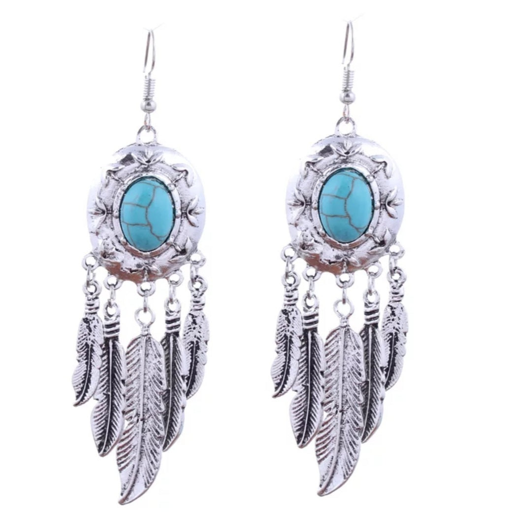 Bohemian Silver Natural Stone Tassel Earrings