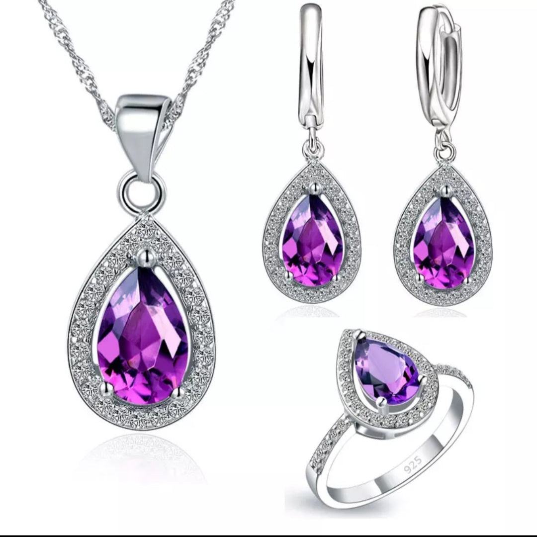925 Sterling Silver Zircon Water Drop Earring Necklace Ring Set