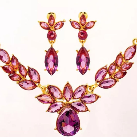 Gold Crystal Drop Earring Necklace Set