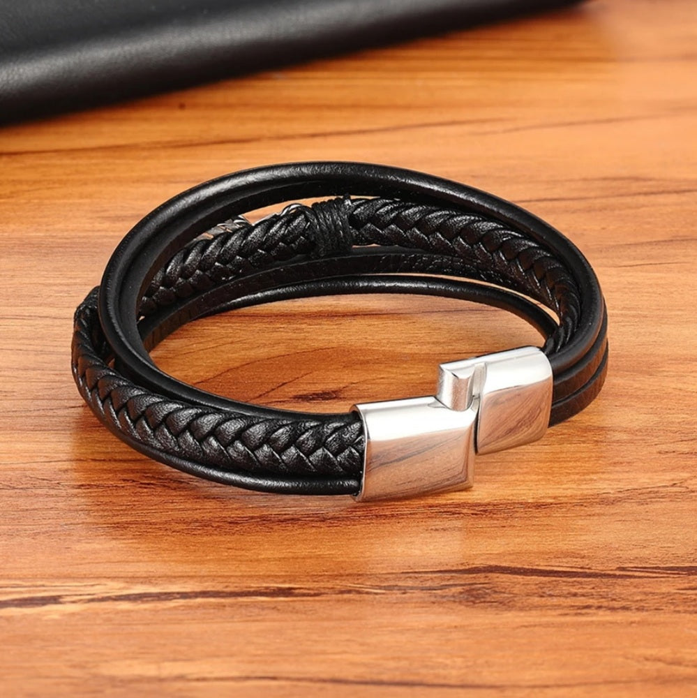Multi-layer Stainless Steel Leather Feather Bracelet
