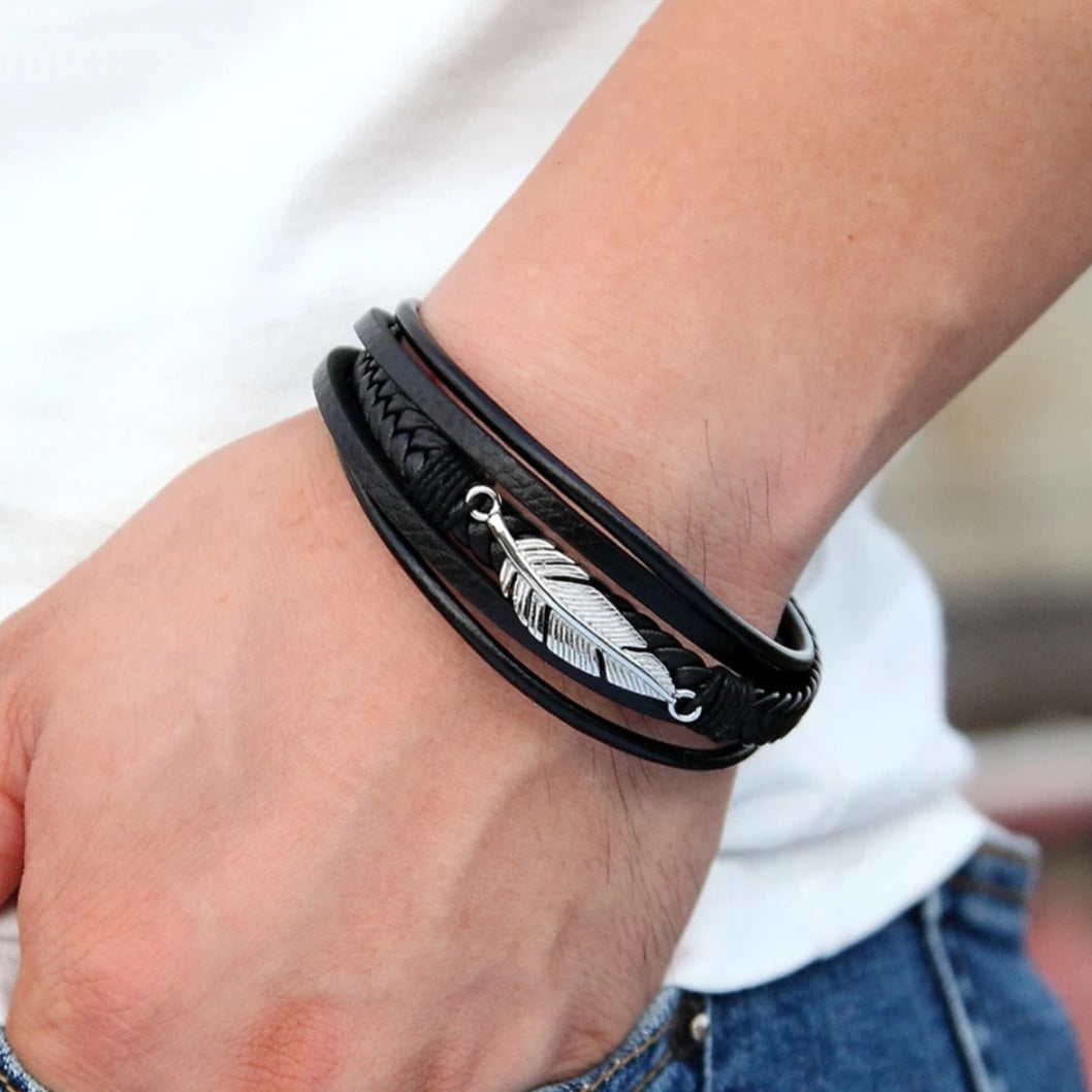Multi-layer Stainless Steel Leather Feather Bracelet