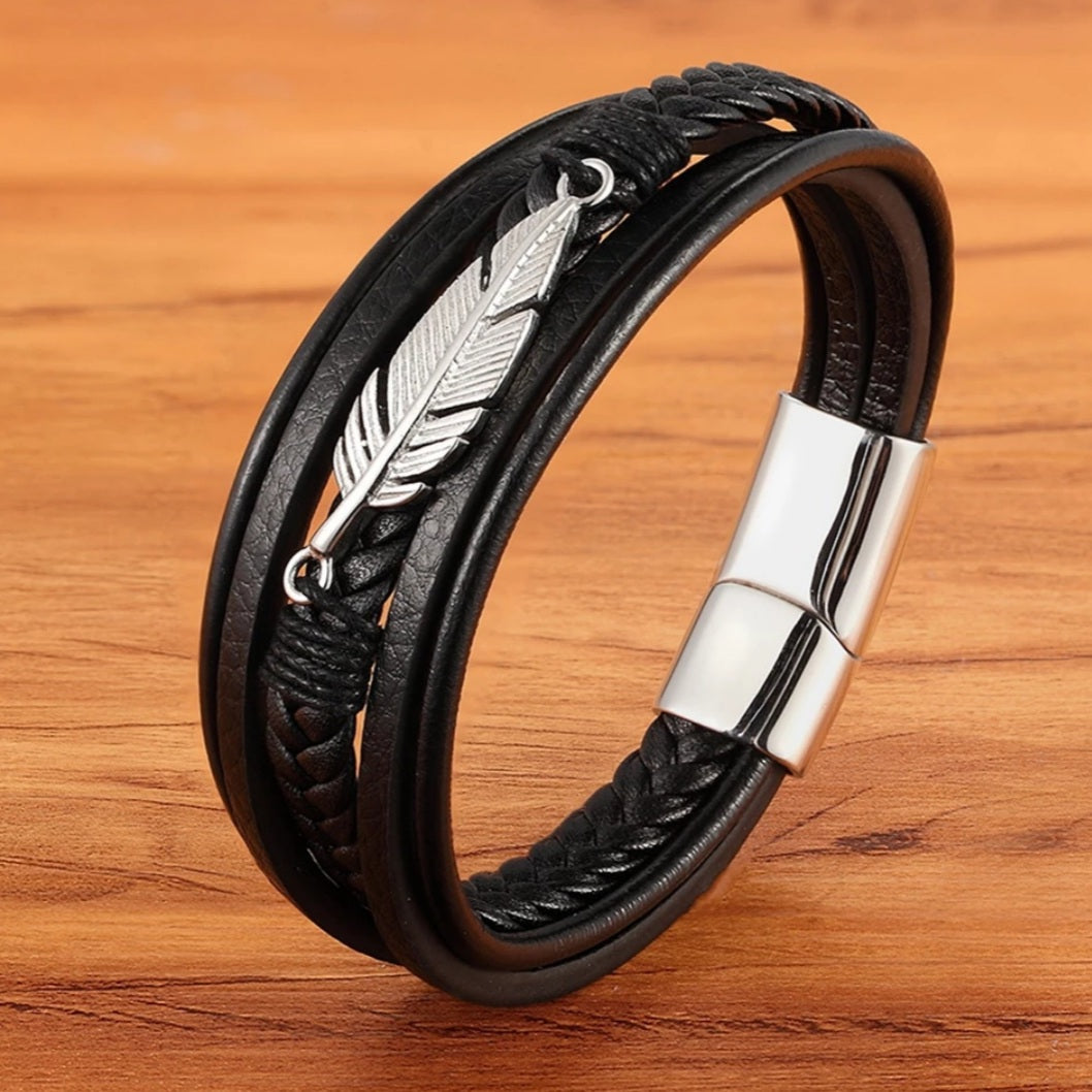 Multi-layer Stainless Steel Leather Feather Bracelet