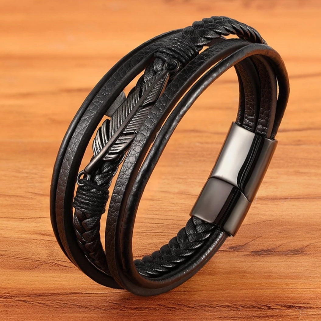 Multi-layer Stainless Steel Leather Feather Bracelet