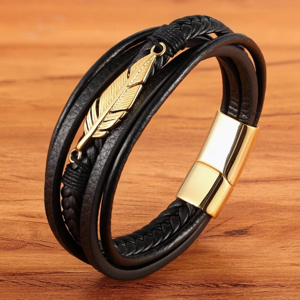 Multi-layer Stainless Steel Leather Feather Bracelet