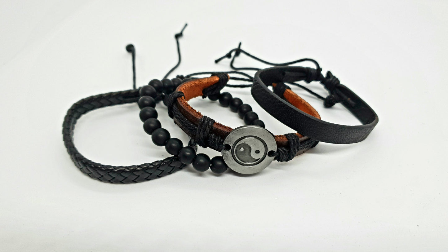Vintage Black Yin Yang 4 Layer Wrap Leather Bracelet Set