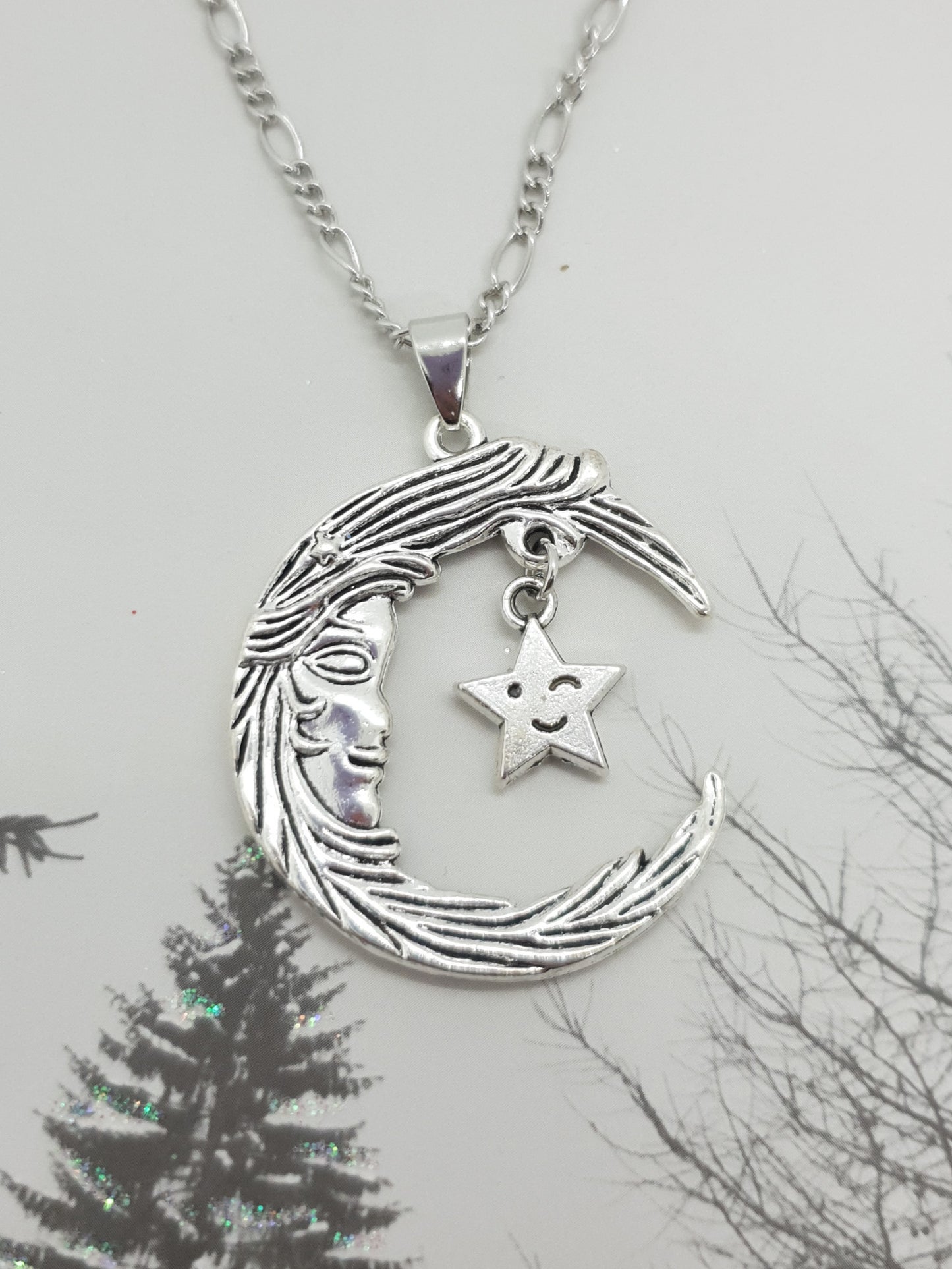 Crescent Moon Face Star Necklace