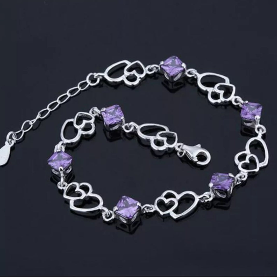 Sterling Silver Double Heart Zircon Bracelet