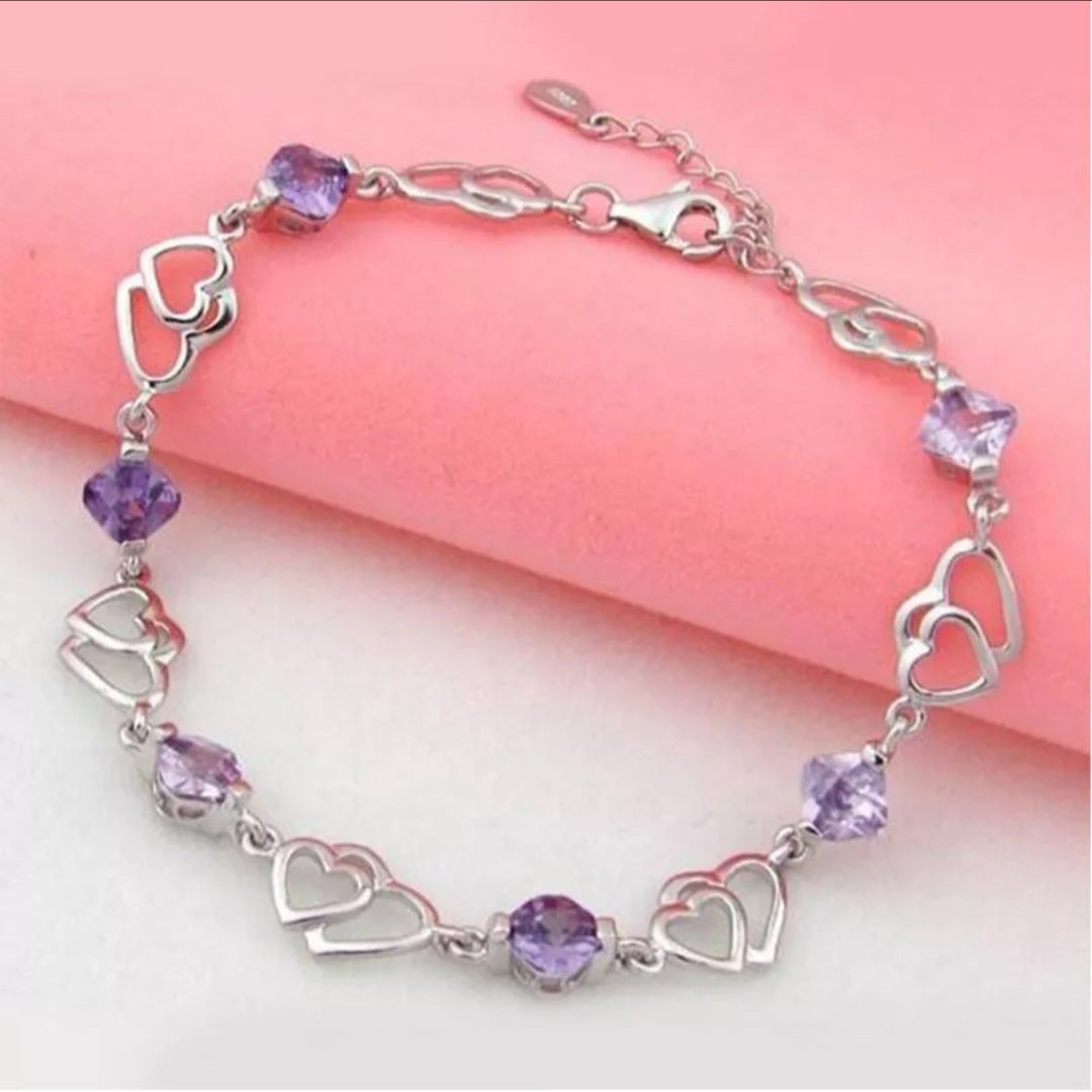 Sterling Silver Double Heart Zircon Bracelet