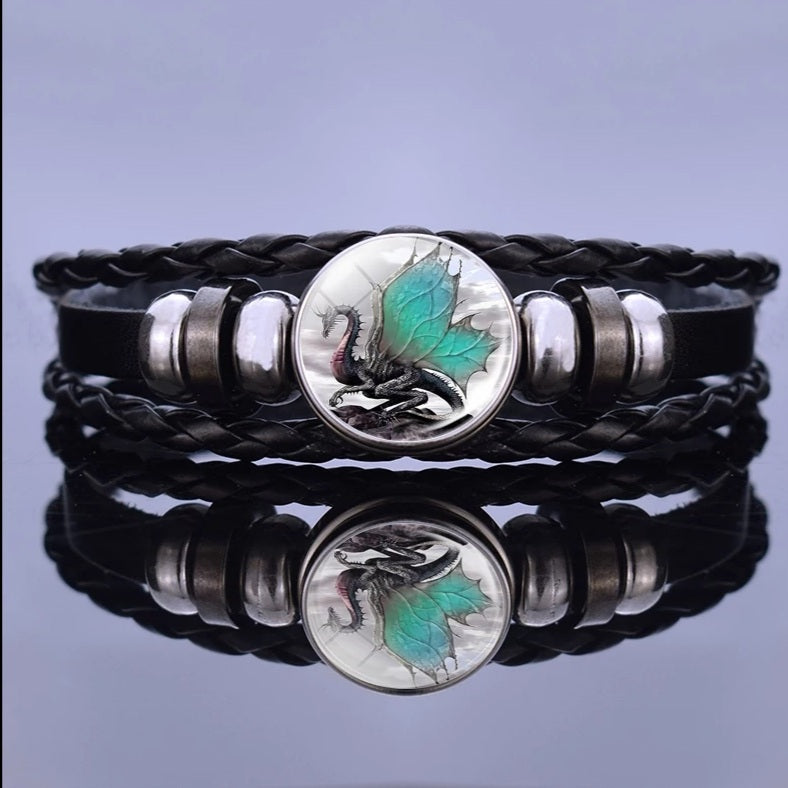 Black Leather Glass Dome Dragon Wrap Bracelet