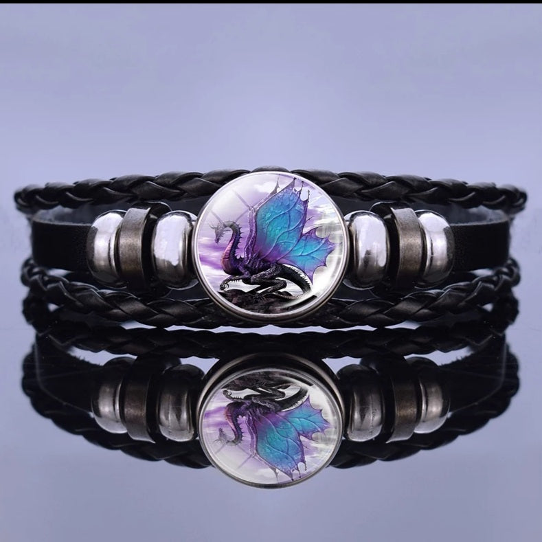 Black Leather Glass Dome Dragon Wrap Bracelet