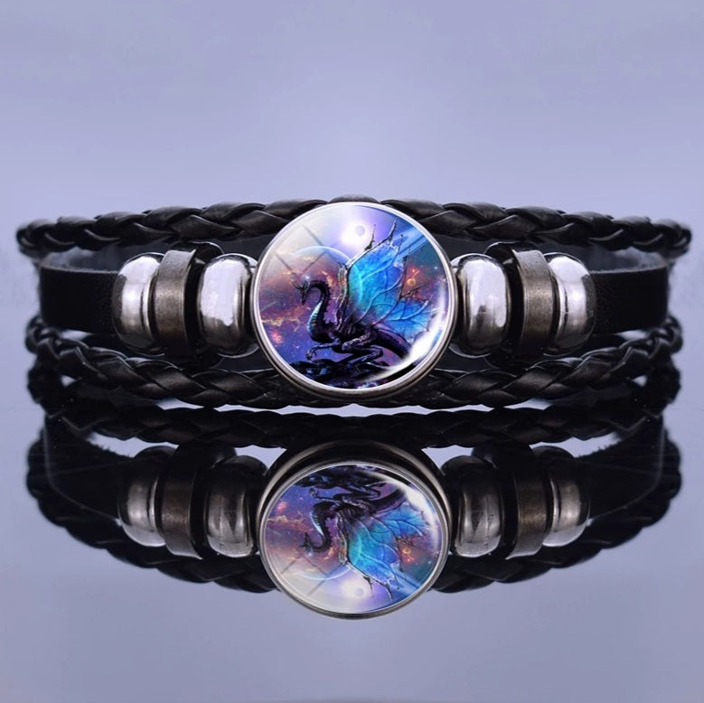 Black Leather Glass Dome Dragon Wrap Bracelet