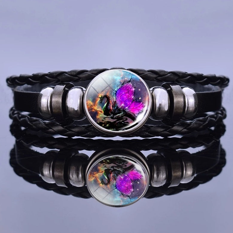 Black Leather Glass Dome Dragon Wrap Bracelet