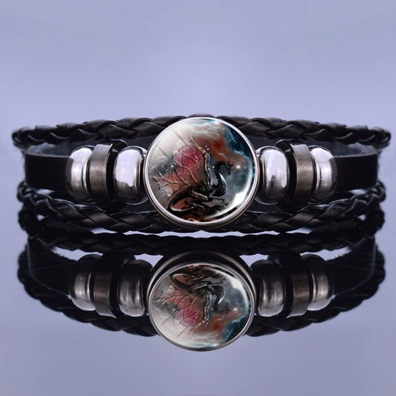 Black Leather Glass Dome Dragon Wrap Bracelet