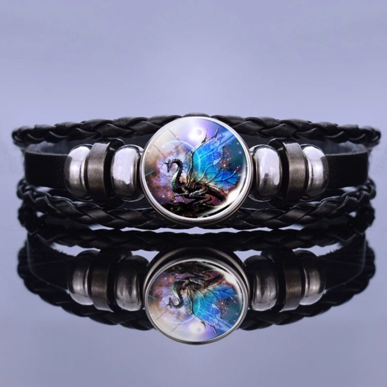 Black Leather Glass Dome Dragon Wrap Bracelet