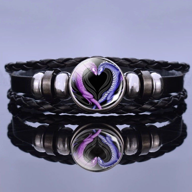 Black Leather Glass Dome Dragon Wrap Bracelet