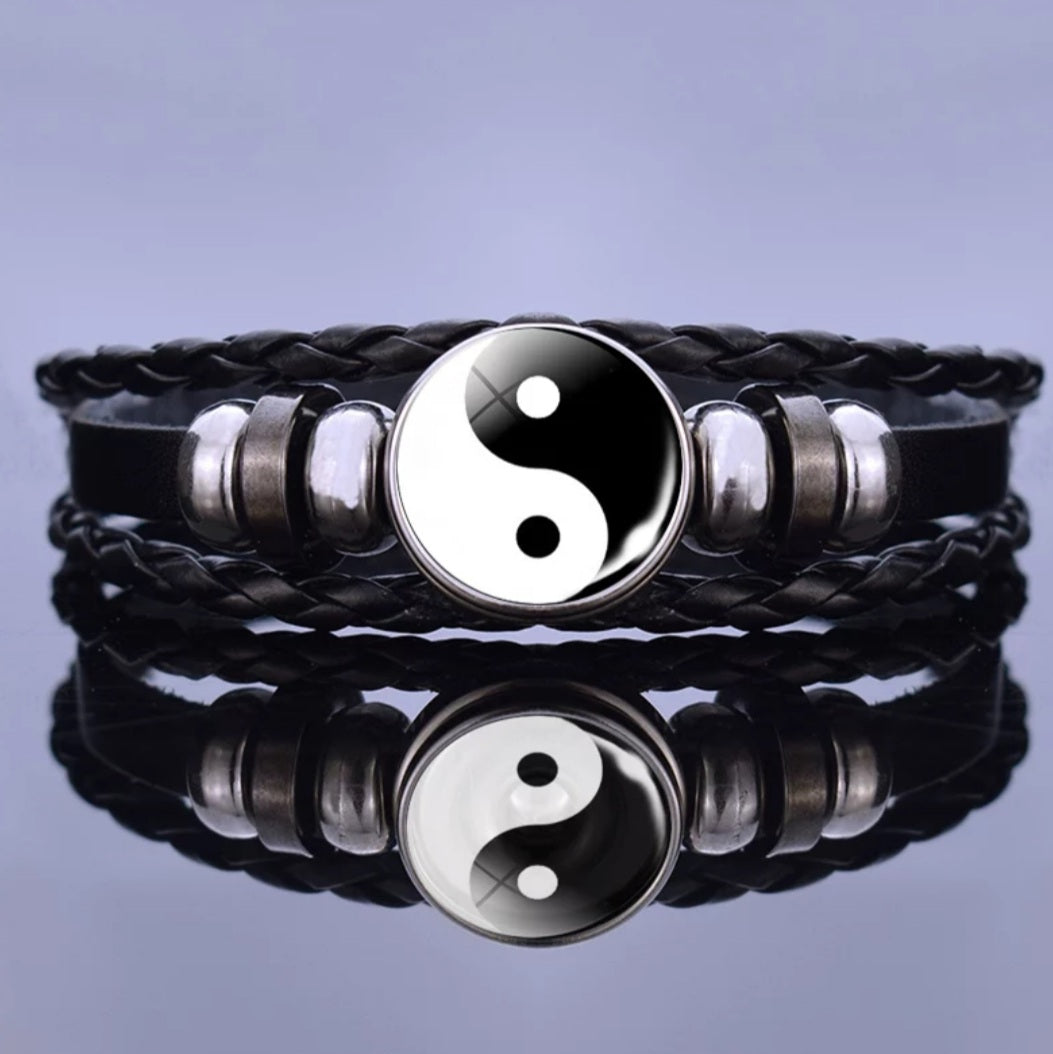 Black Leather Glass Dome Yin Yang Wrap Bracelet