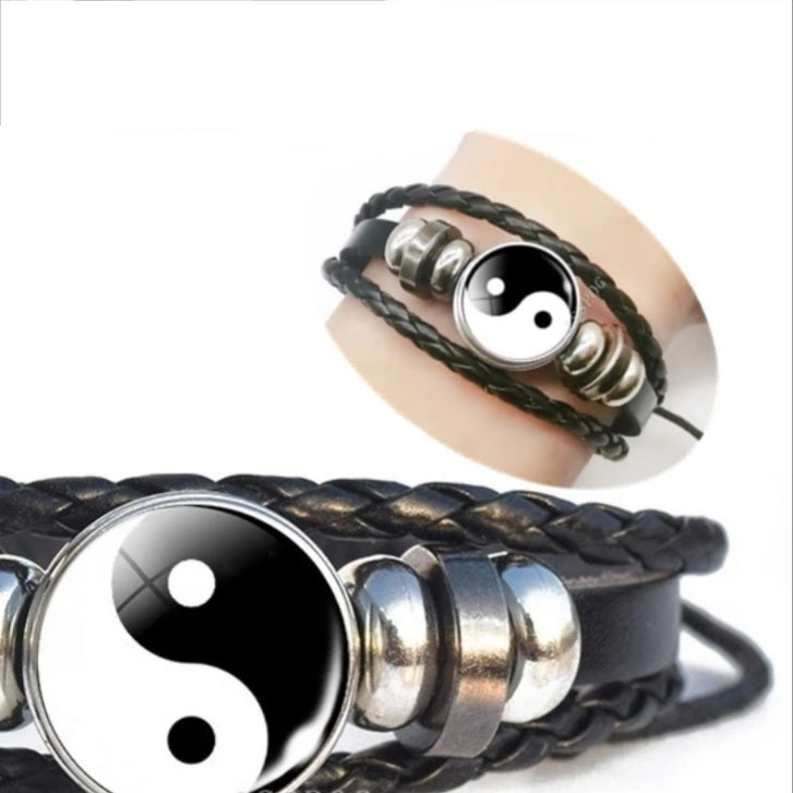 Black Leather Glass Dome Yin Yang Wrap Bracelet