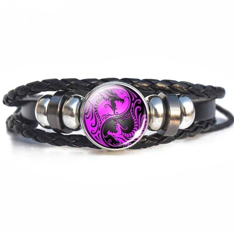 Black Leather Glass Dome Yin Yang Wrap Bracelet