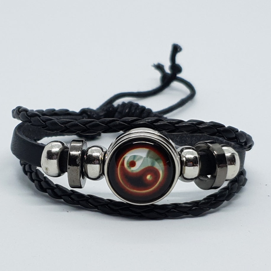 Black Leather Glass Dome Yin Yang Wrap Bracelet