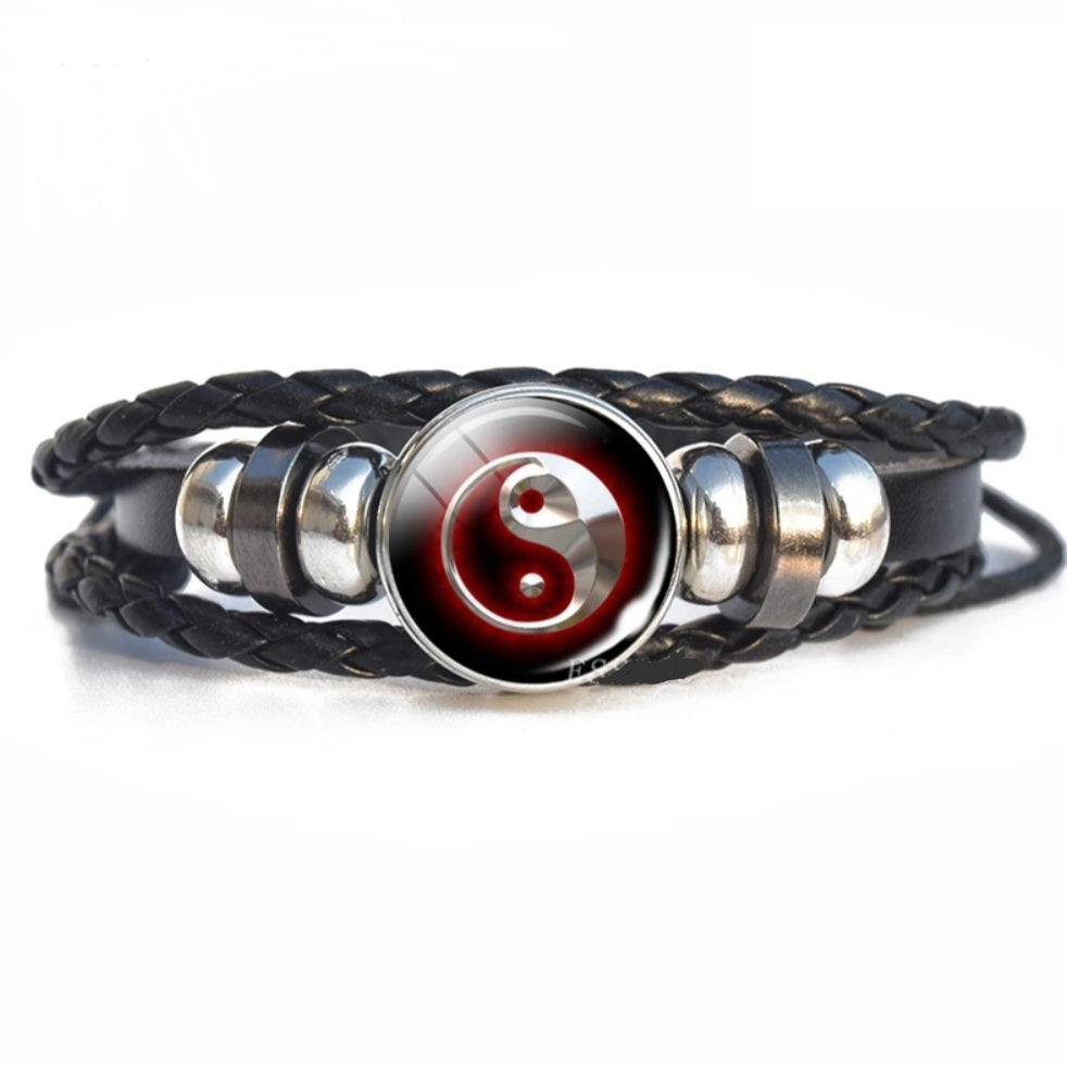 Black Leather Glass Dome Yin Yang Wrap Bracelet