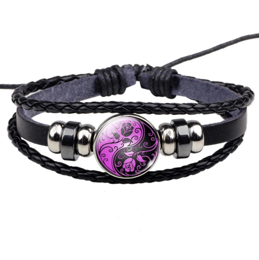 Black Leather Glass Dome Yin Yang Wrap Bracelet