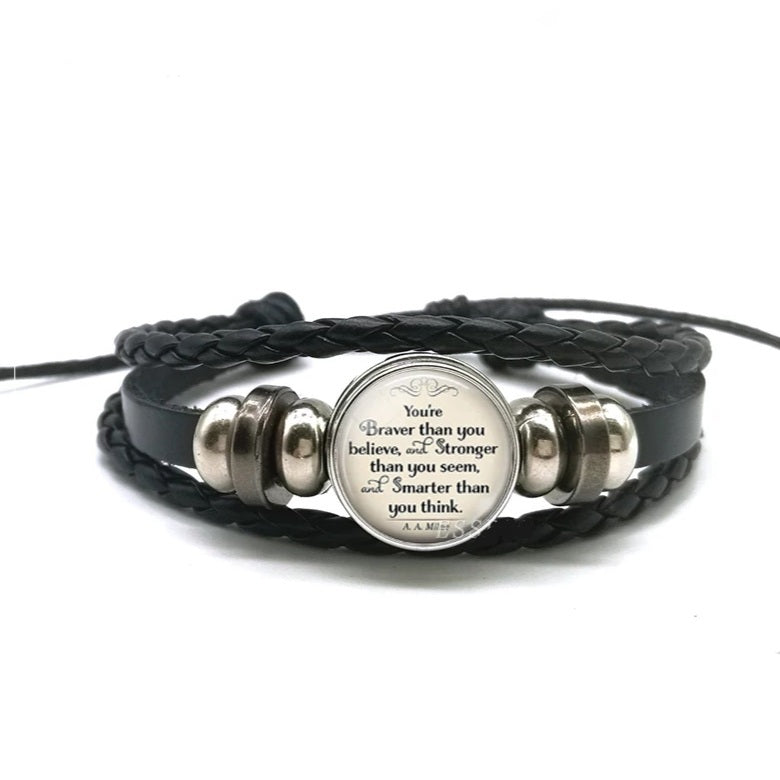 Black Leather Glass Dome Inspirational Wrap Bracelet