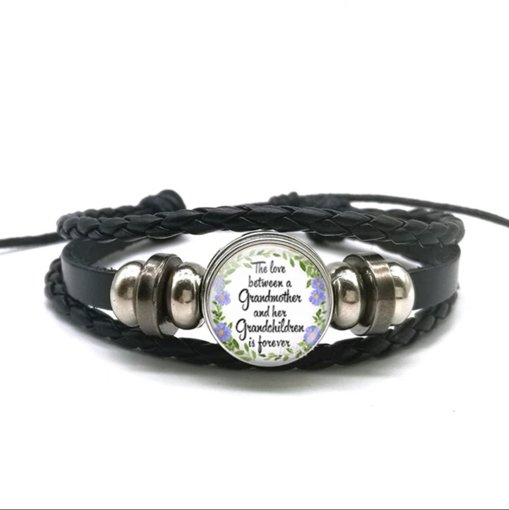 Black Leather Glass Dome Inspirational Wrap Bracelet