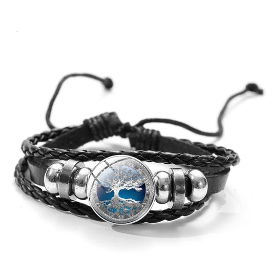 Black Leather Glass Dome Tree Of Life Wrap Bracelet