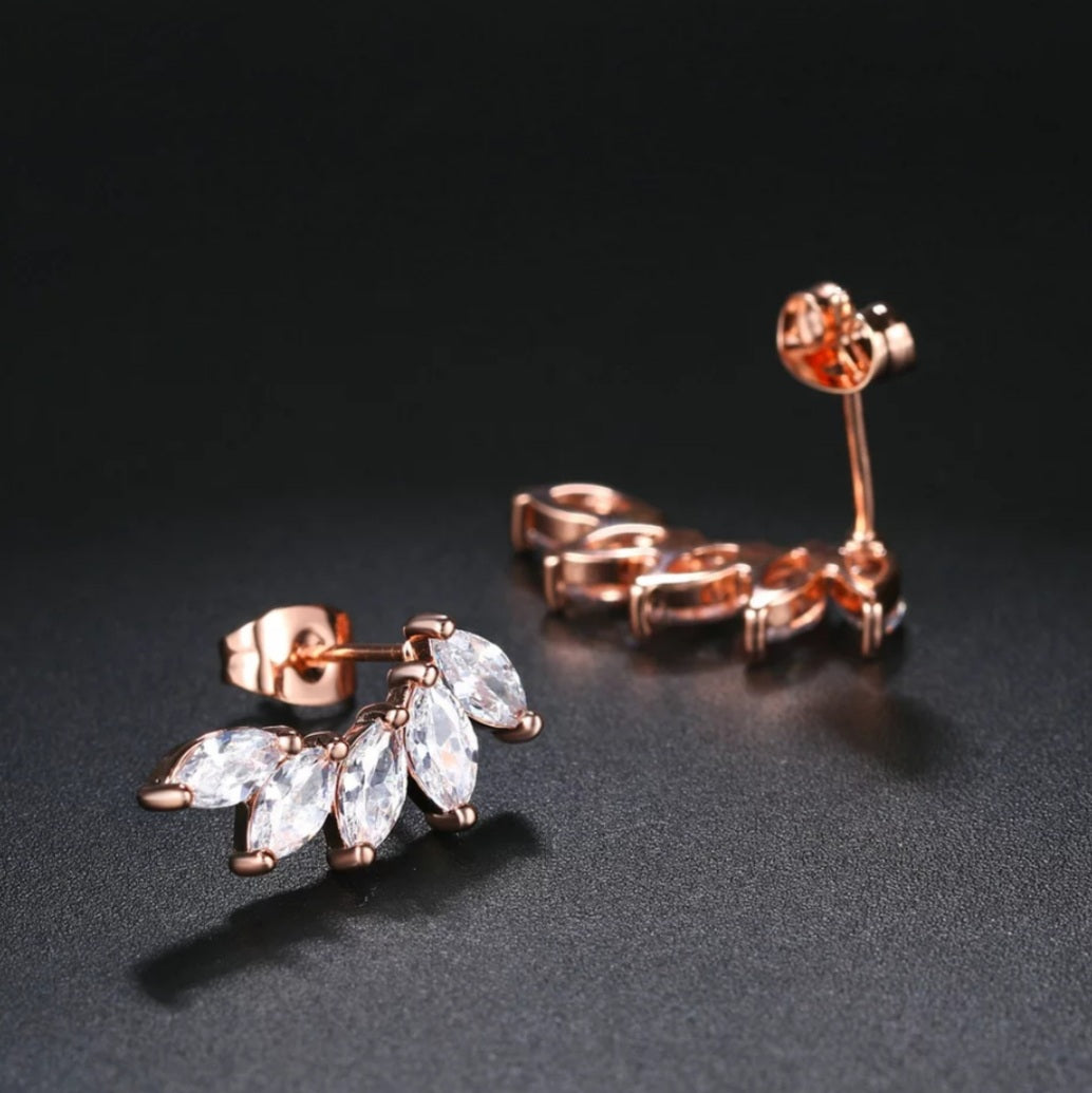 Gold Cubic Zirconia Leaf Stud Earrings