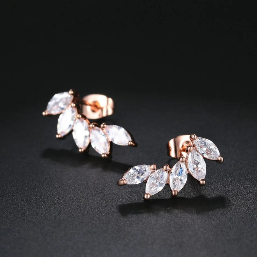 Gold Cubic Zirconia Leaf Stud Earrings