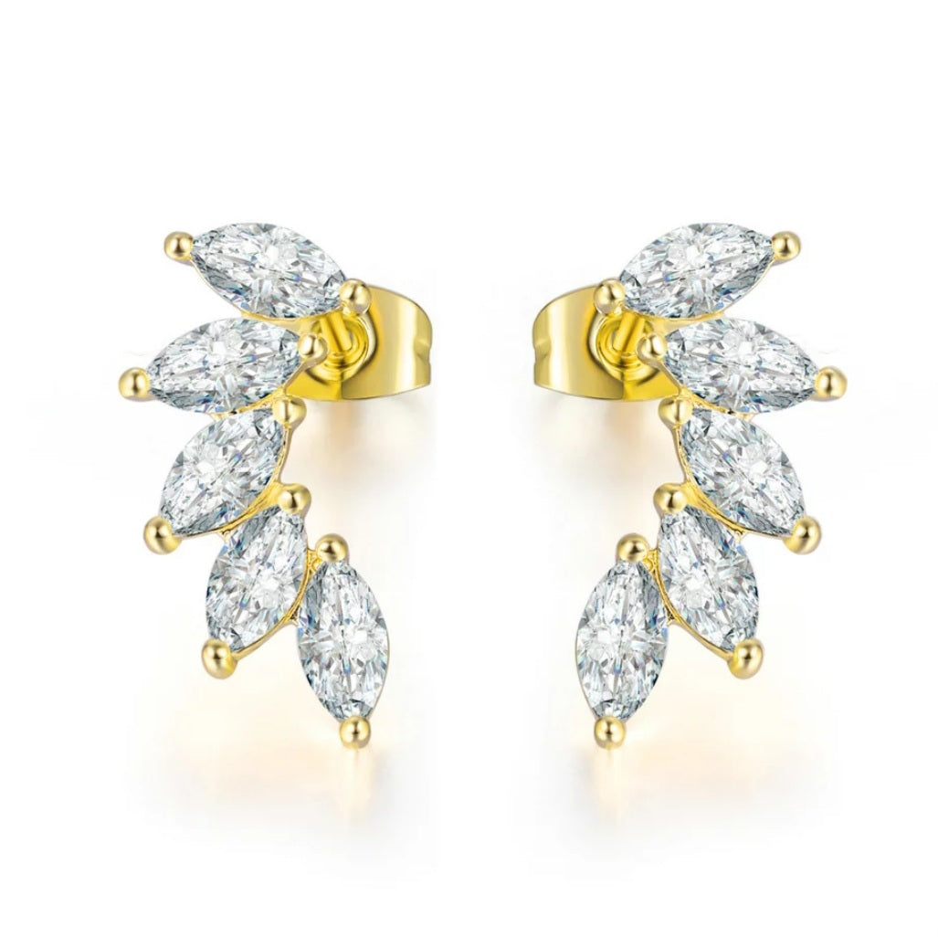 Gold Cubic Zirconia Leaf Stud Earrings