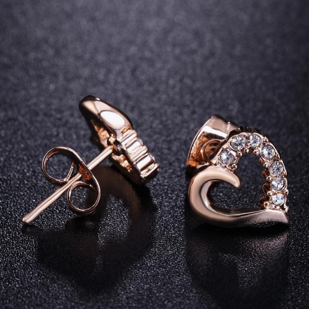 Gold Love Heart Rhinestone Stud Earrings