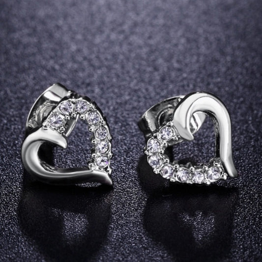 Gold Love Heart Rhinestone Stud Earrings