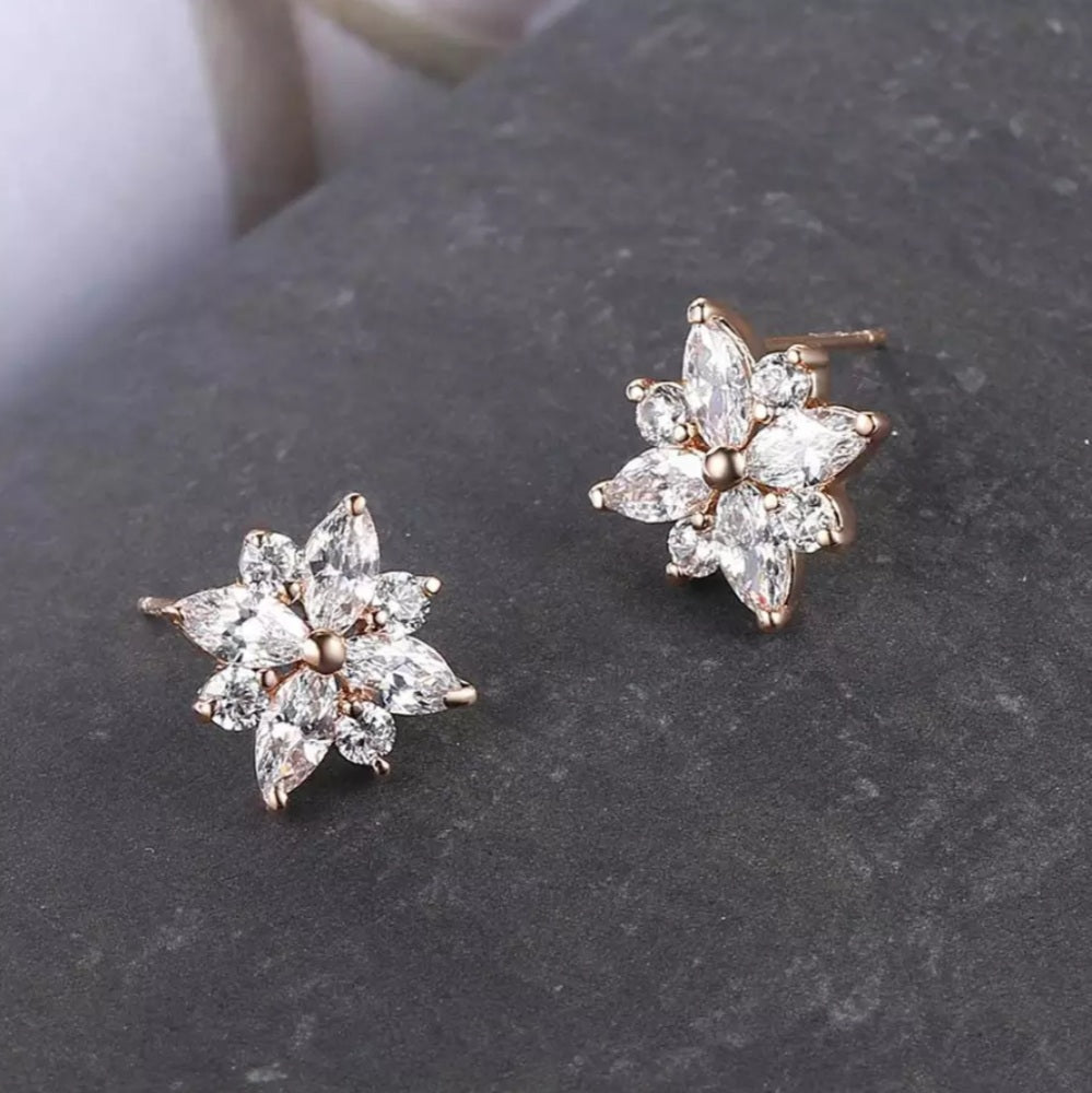 Gold Cubic Zirconia Flower Stud Earrings