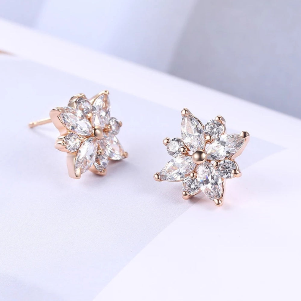 Gold Cubic Zirconia Flower Stud Earrings