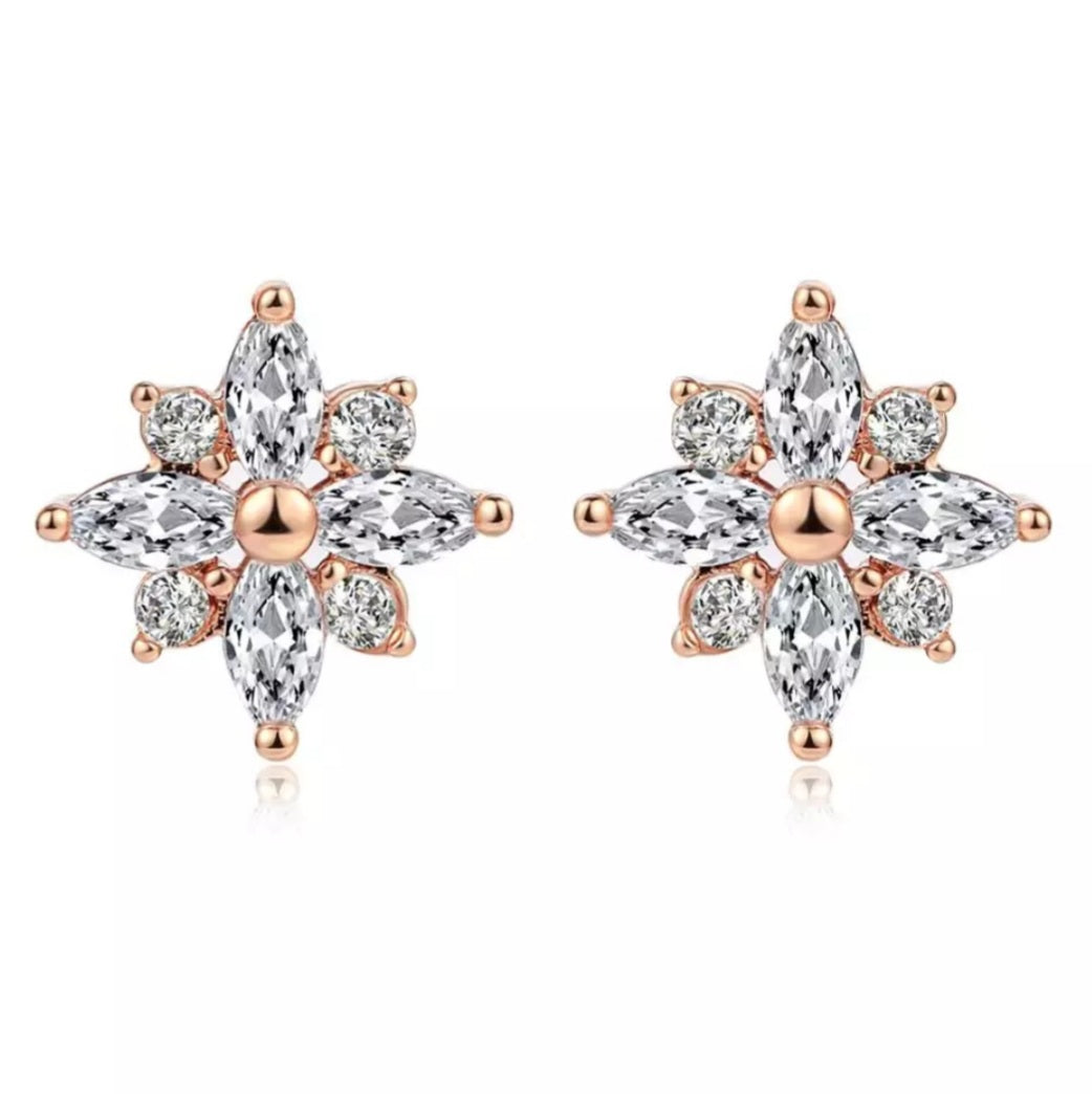 Gold Cubic Zirconia Flower Stud Earrings