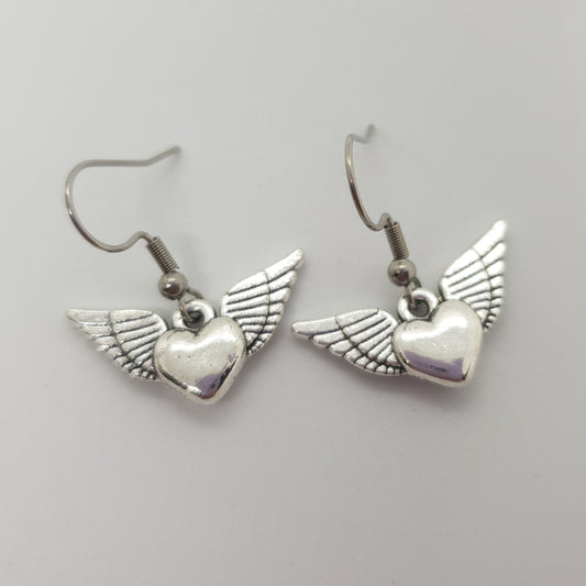 Silver Angel Wings Flying Heart Earrings