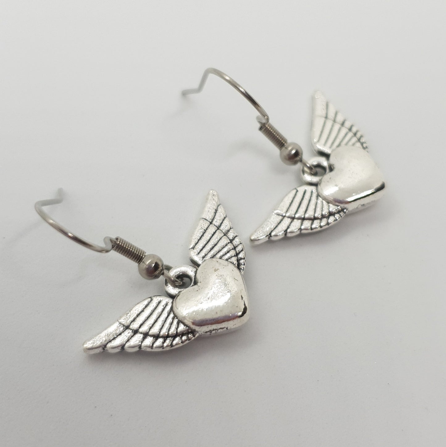 Silver Angel Wings Flying Heart Earrings