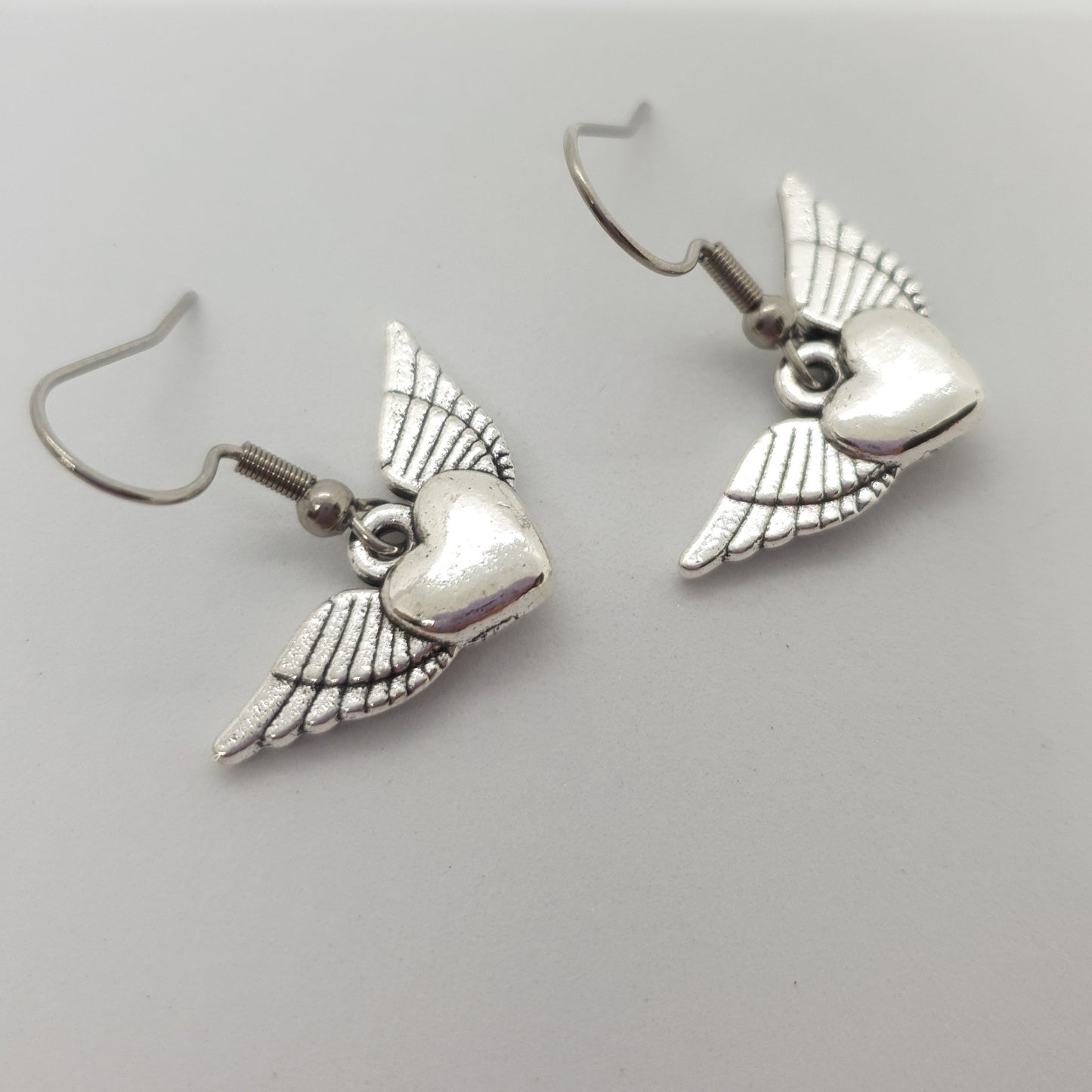 Silver Angel Wings Flying Heart Earrings