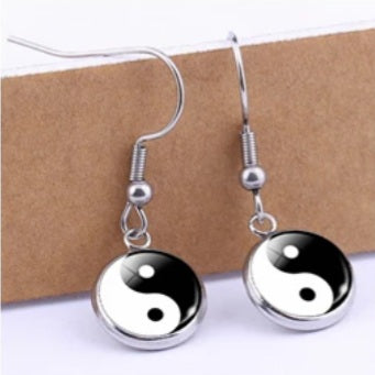 Vintage Silver Yin Yang Glass Dome Earrings