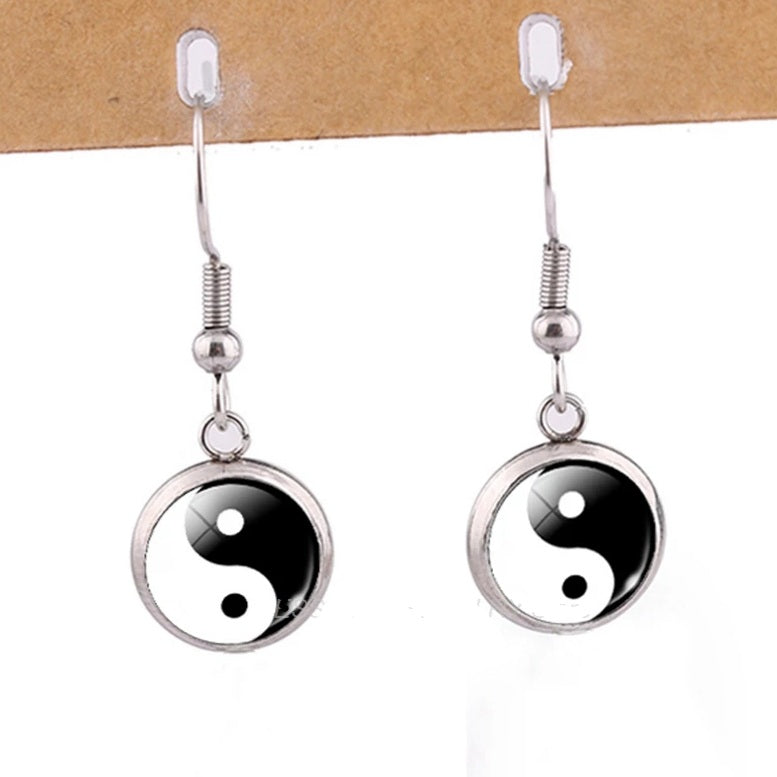 Vintage Silver Yin Yang Glass Dome Earrings