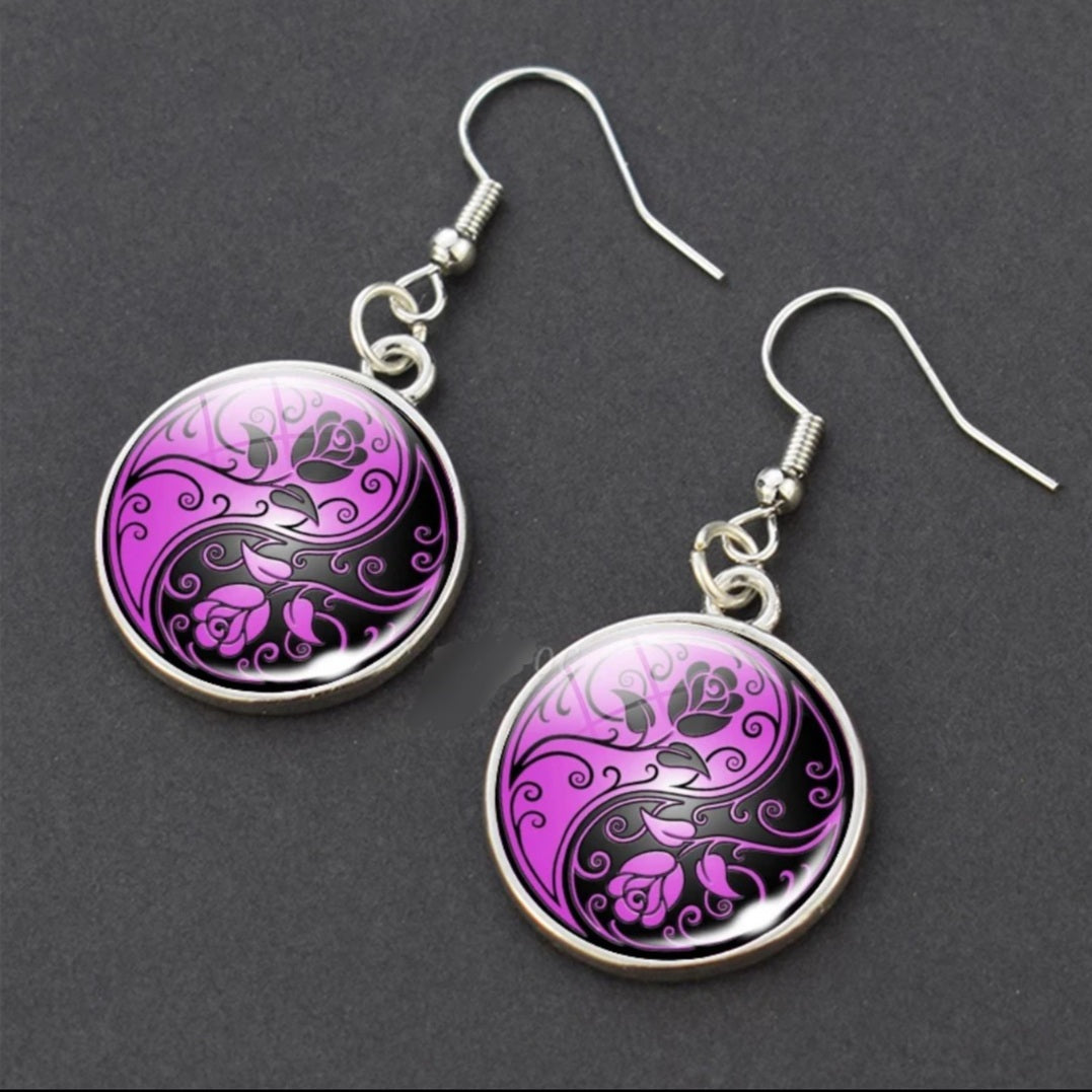 Vintage Silver Yin Yang Glass Dome Earrings