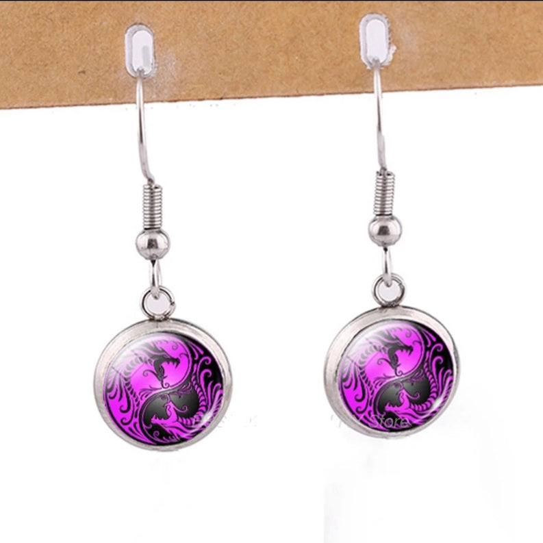 Vintage Silver Yin Yang Glass Dome Earrings