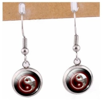 Vintage Silver Yin Yang Glass Dome Earrings