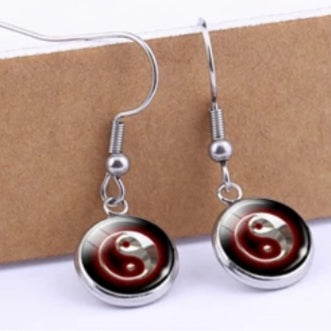 Vintage Silver Yin Yang Glass Dome Earrings