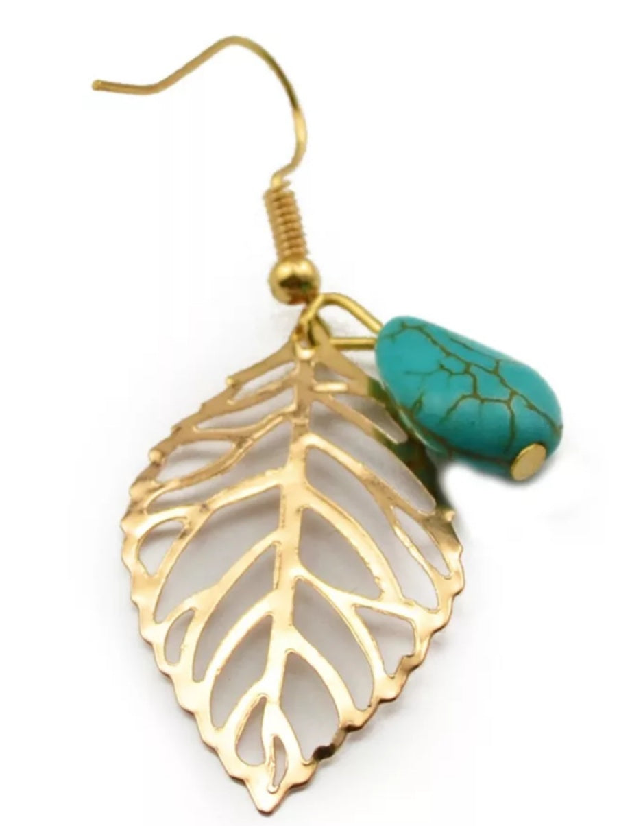 Gold Bohemian Natural Stone Leaf Dangle Earrings