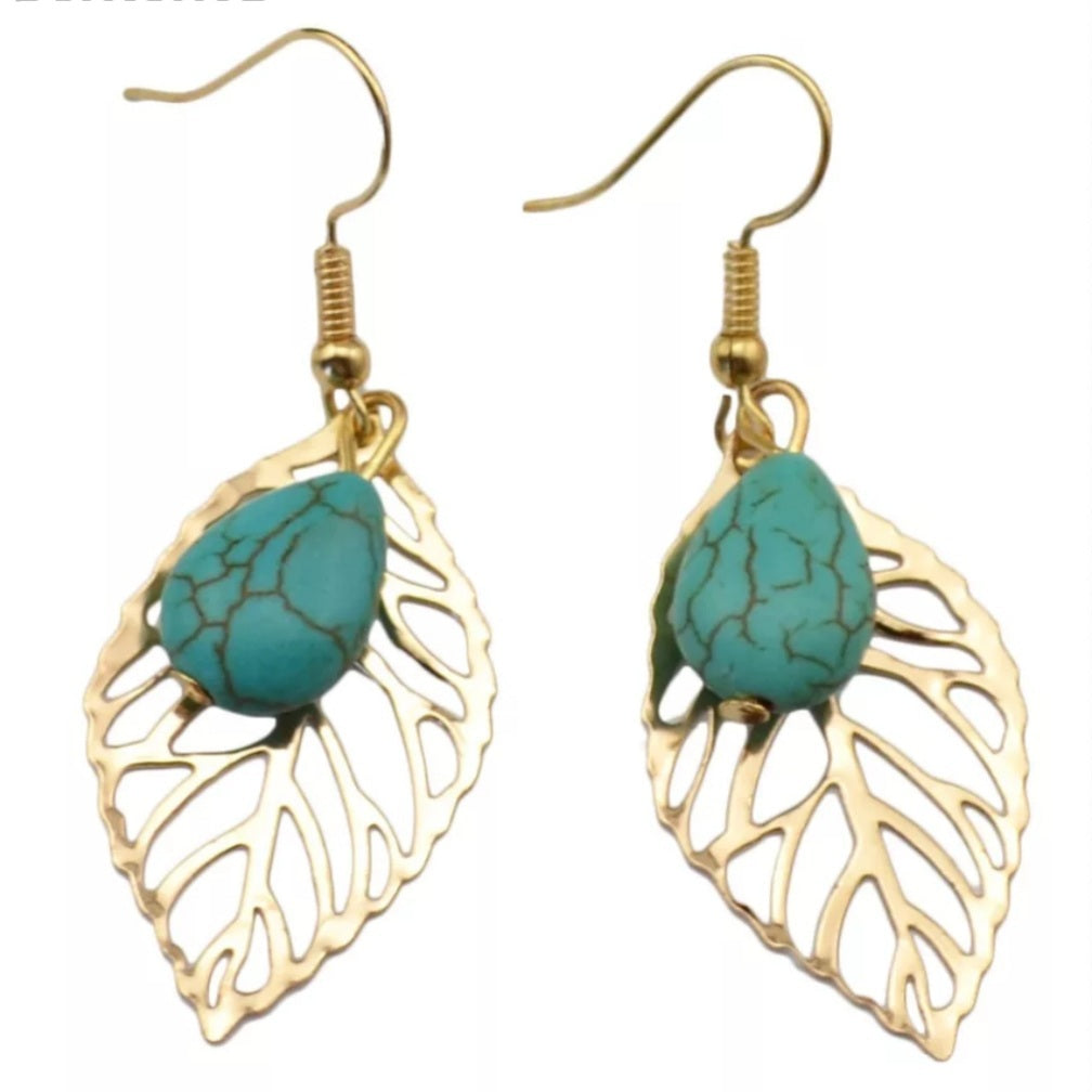 Gold Bohemian Natural Stone Leaf Dangle Earrings