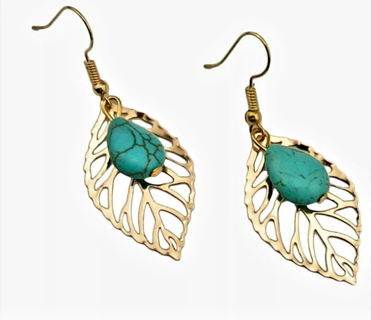 Gold Bohemian Natural Stone Leaf Dangle Earrings